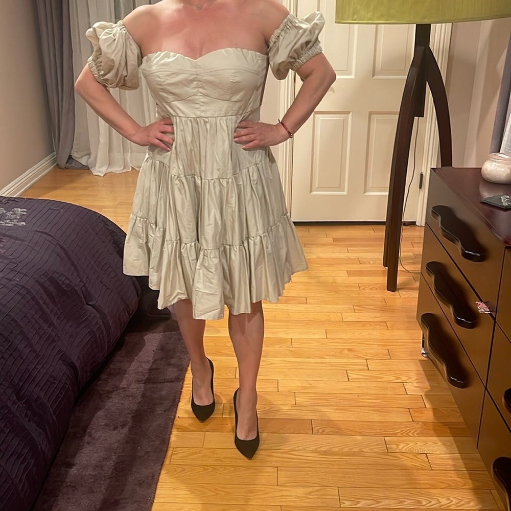 Off the shoulder tan dress